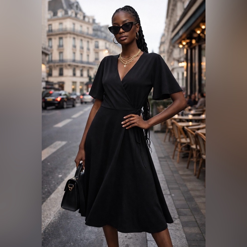 🆕 🚺👗New H&M Black Wrap Midi Jersey Knit A-Line Dress Women Size US S 2 4